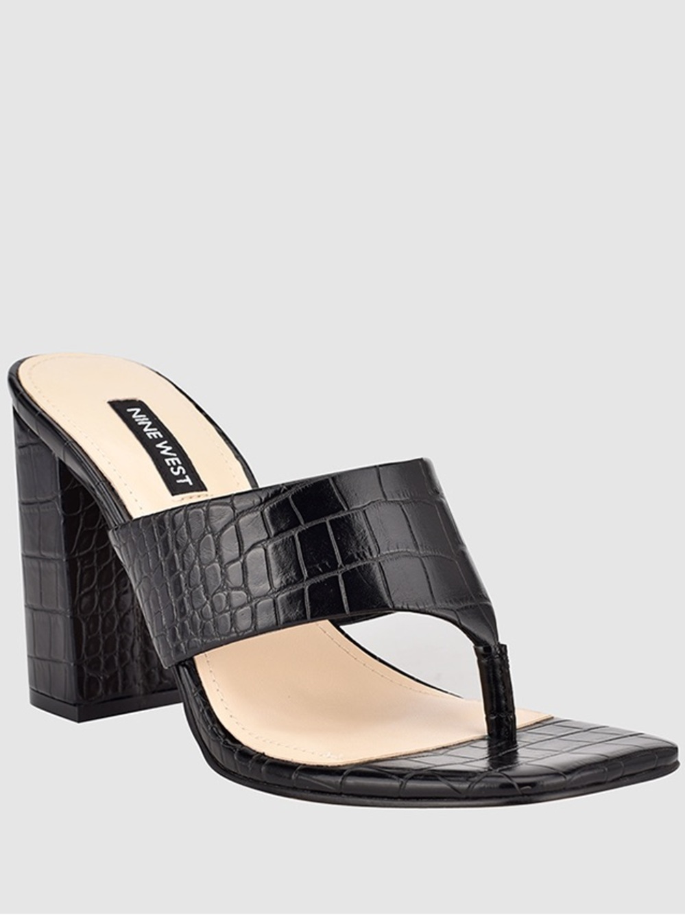 Nine West Black Croc-Embossed Block Heel Thong Mules